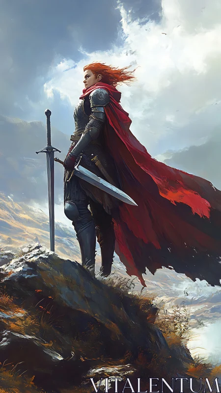 Red‑cloaked warrior greeting the sky from a lonely peak.
