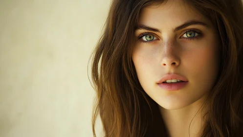 Soft daylight portrait of young woman with green eyes.