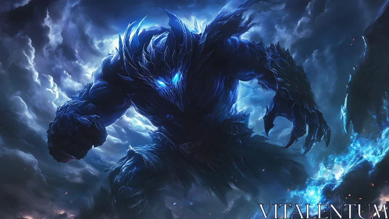 Titanic blue storm entity emerging from turbulent clouds.