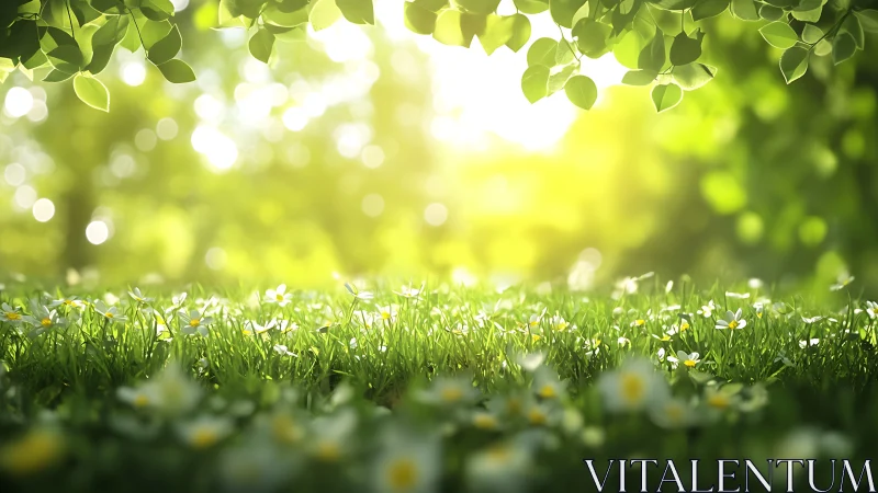 Sunlit meadow of gentle daisies under leafy green canopy.
