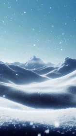 Frozen dunes beneath distant peaks in drifting snowfall.