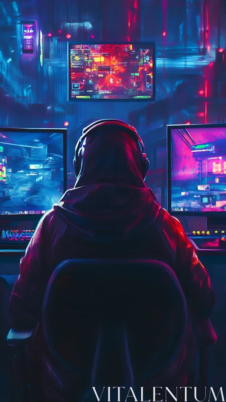 Cyberpunk hacker commands neon-lit multi-screen control hub.