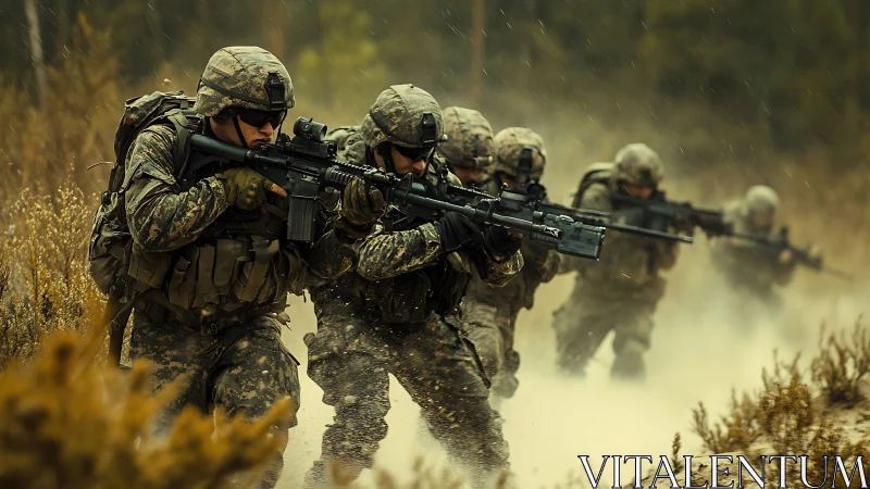 Photorealistic squad assault line in dynamic combat advance.