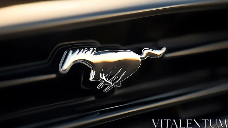 Chrome running horse emblem on sleek black car grille.