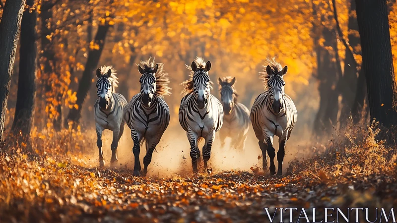 Striped thunder charges through a blazing autumn forest path.