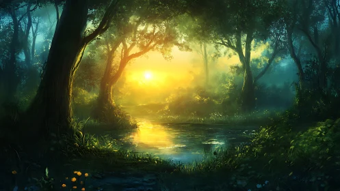 Luminous Forest Portal: Where Golden Light Whispers Through Ancient Trees.