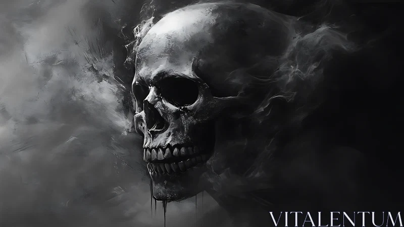 Monochrome human skull emerging within dense smoke cloud.