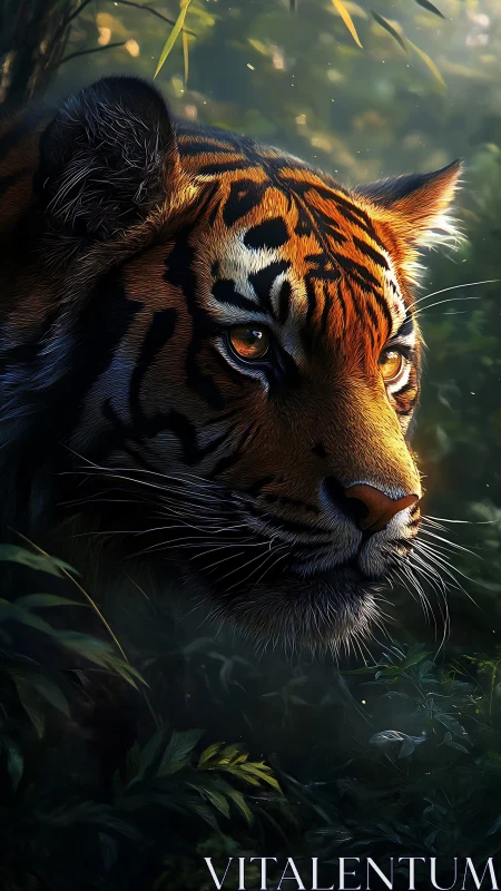 Tiger head emerges from shadowed jungle foliage at dusk