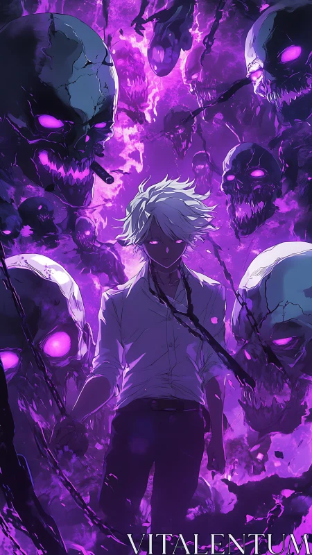 White haired summoner walks through swirling purple skull spirits