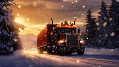 Holiday truck rolls through a glowing snowy winter forest
