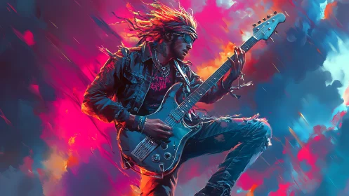 Electric guitarist shreds amid neon storm clouds of color