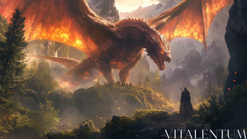 Fiery mountain dragon greets a lone wanderer at dawn