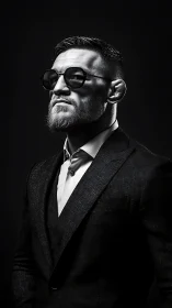 Bearded man in suit and sunglasses poses in dramatic profile