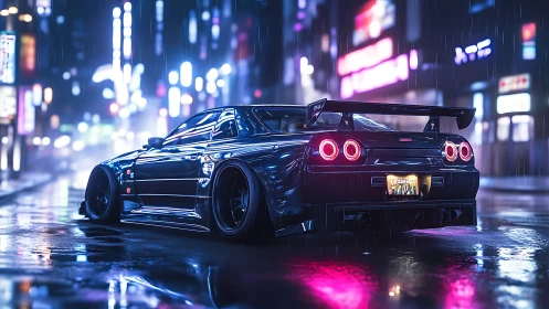 Modified sports coupe on wet neon city street at night.