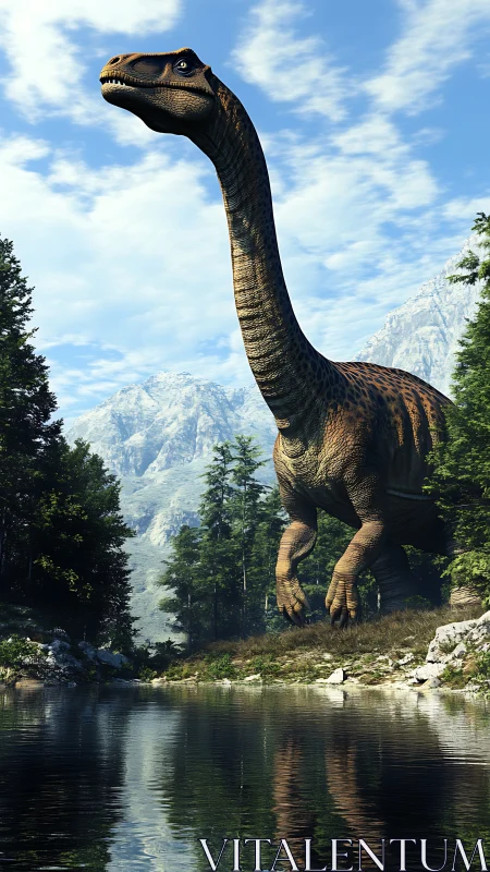 Gentle giant sauropod strolling by a mirrored forest lake.