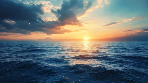 Sunlit horizon over open ocean with dramatic cloud strata.