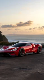 Red sports car stands on coastal road during sunset