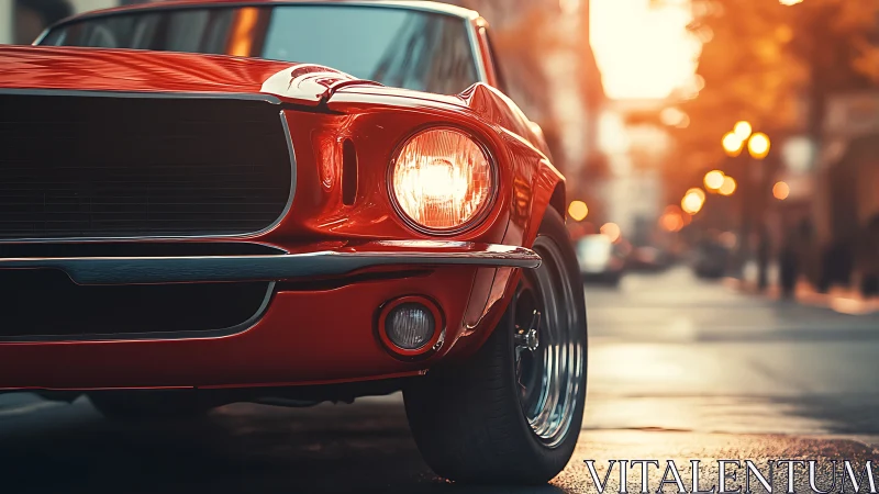 Classic red muscle car in warm cinematic street lighting.