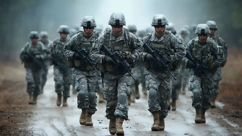 Group of soldiers marches in formation along muddy road