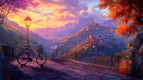Bicycle overlooks terraced valley town under vivid sunset sky