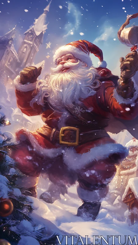 Santa Claus striding through snowy village with gift sack raised