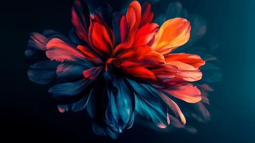 Digital abstract flower with red and blue petals on dark.