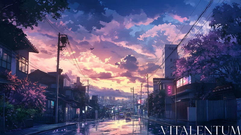 Twilight urban streetscape with reflective wet asphalt rendering.