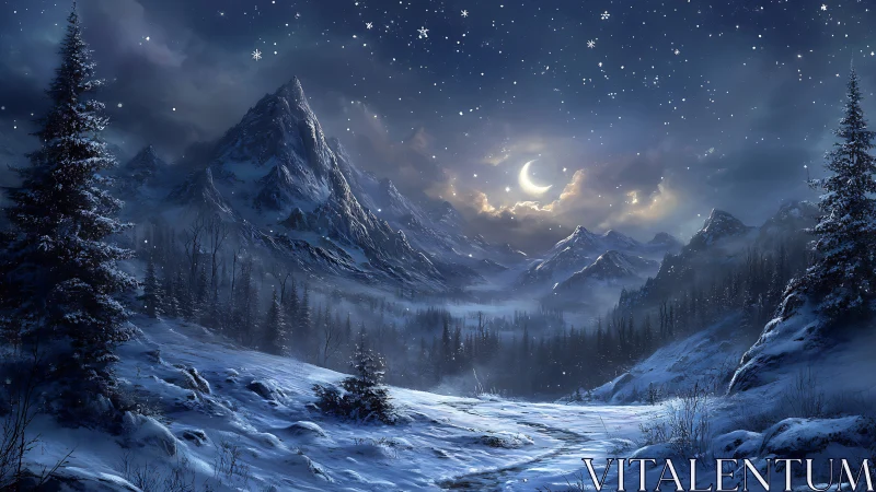 Moonlit winter valley glows softly beneath sparkling stars