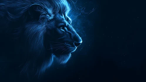 Neon blue lion profile on dark abstract cosmic background.