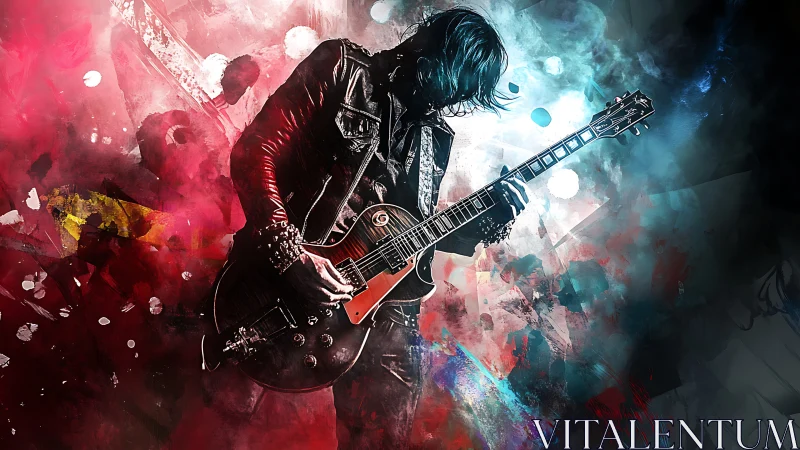 Rock guitarist bends notes amid explosive abstract color storm