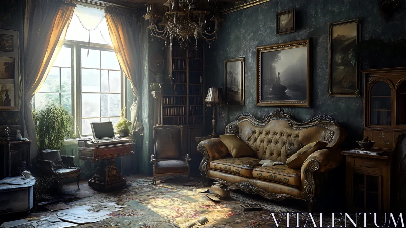 Victorian study interior with laptop, golden hour window light.