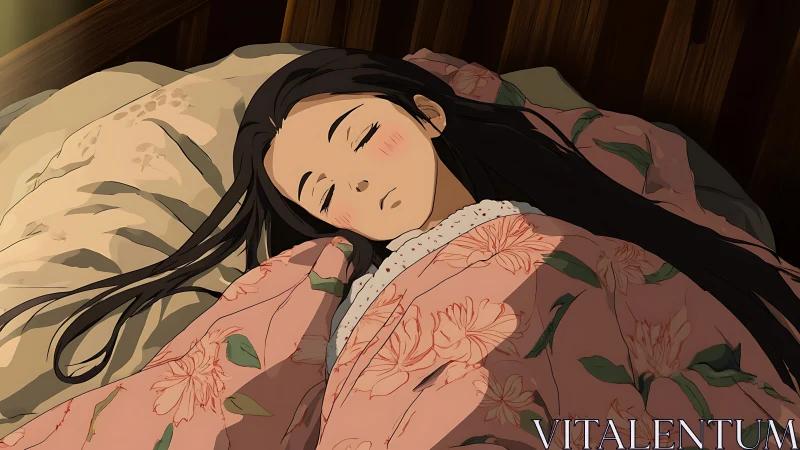 Anime girl sleeping under floral duvet in warm bedside light.