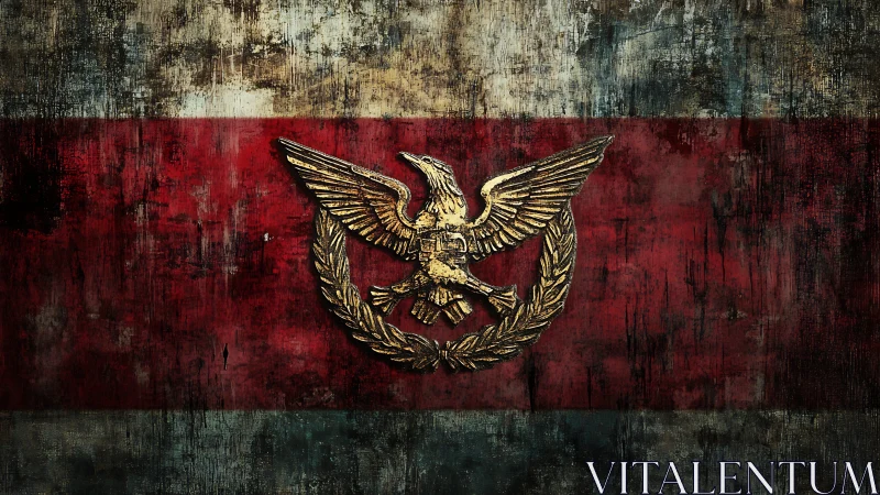 Heraldic eagle emblem on distressed tricolor banner.