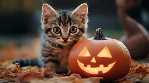 Adorable Kitten Discovers a Glowing Jack-O-Lantern