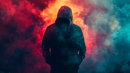Hooded silhouette stands within neon smoke and fire haze.