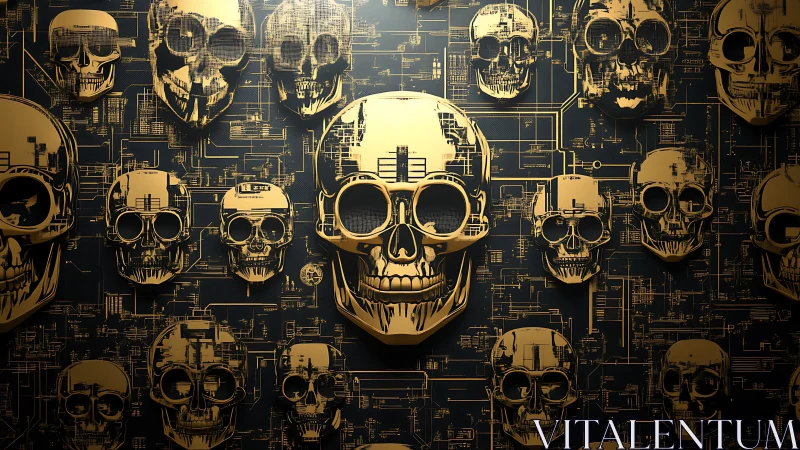 Golden cyber skulls float over dark circuitry in eerie glow