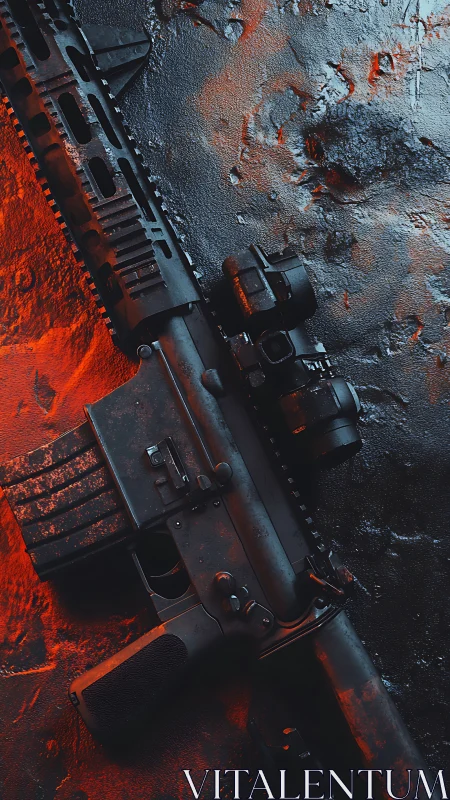 Rusted Rifle with Flame. Industrial Decay.