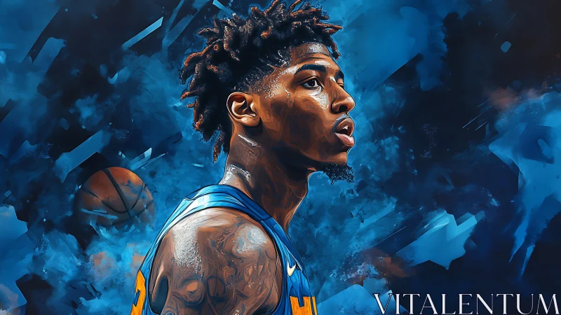 Digital portrait of focused basketball player in blue jersey.