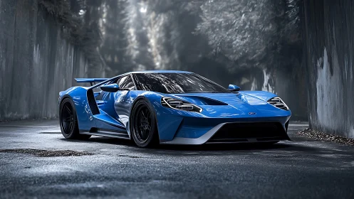 Photorealistic blue supercar in cinematic tunnel lighting.