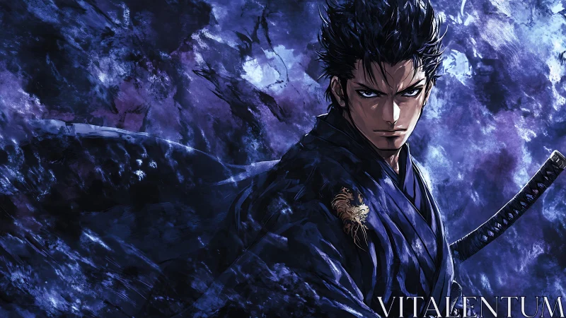Samurai figure in dark blue abstract storm background.