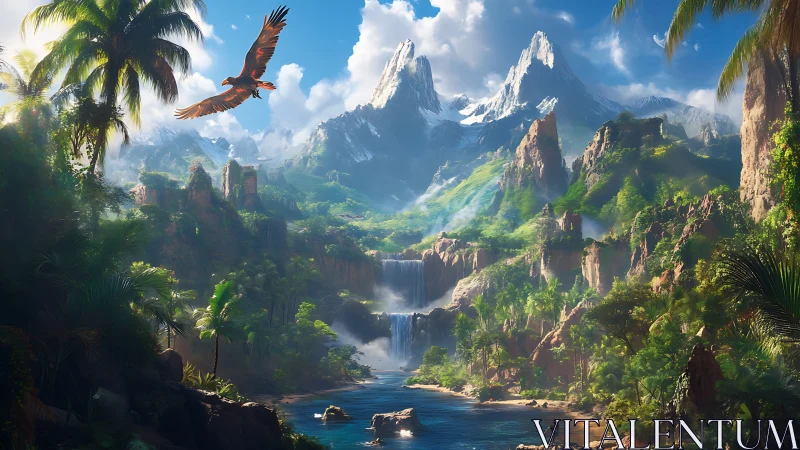 Mountainous Landscape with Waterfall and Flying Macaw.