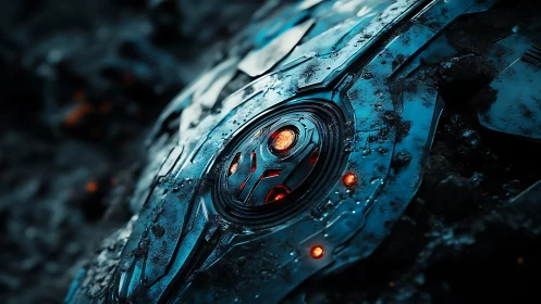 Futuristic metallic device with glowing orange core detail.