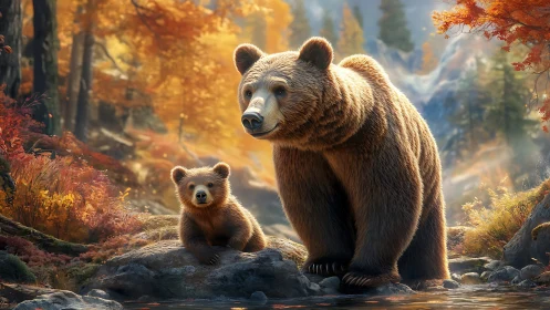 Gentle bear family pauses by a golden autumn forest stream
