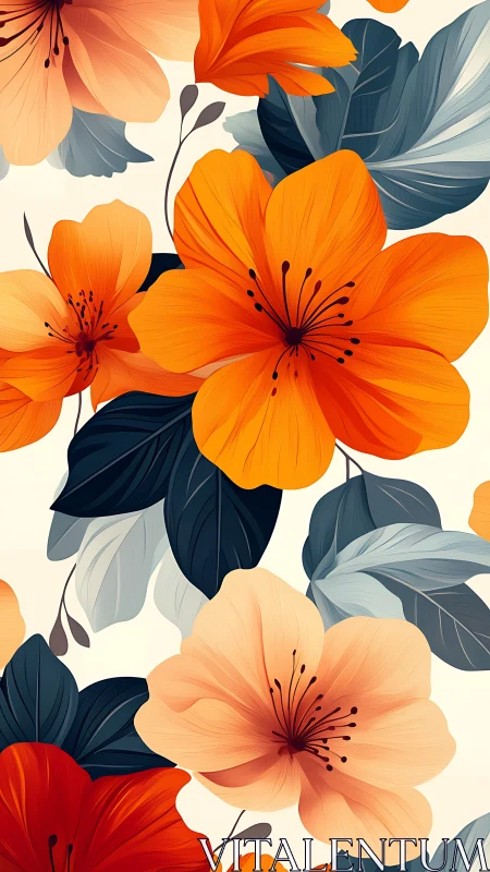 Botanical illustration with orange and teal flora arrangement