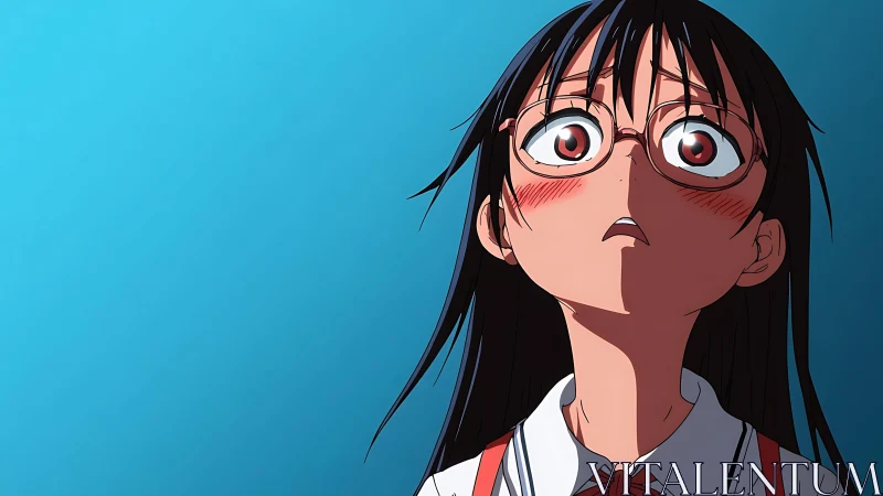 Shocked schoolgirl with glasses stares upward against blue