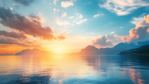 Gentle sunset glow over tranquil mountains and sea horizon.