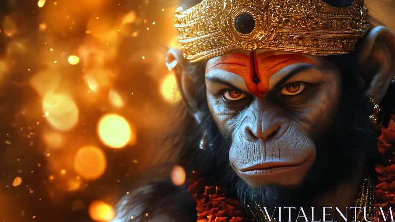 Divine simian guardian crowned in molten dusk light.