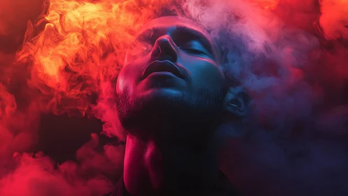 Cinematic male portrait in red cyan smoke with dramatic lighting