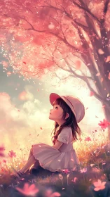 Girl in white dress under pink blossom tree at sunset.
