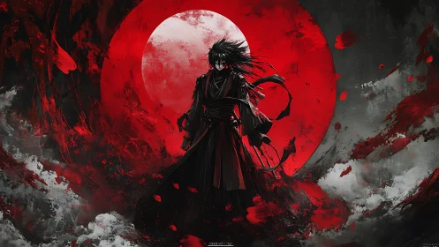 Samurai silhouette against turbulent crimson solar vortex.